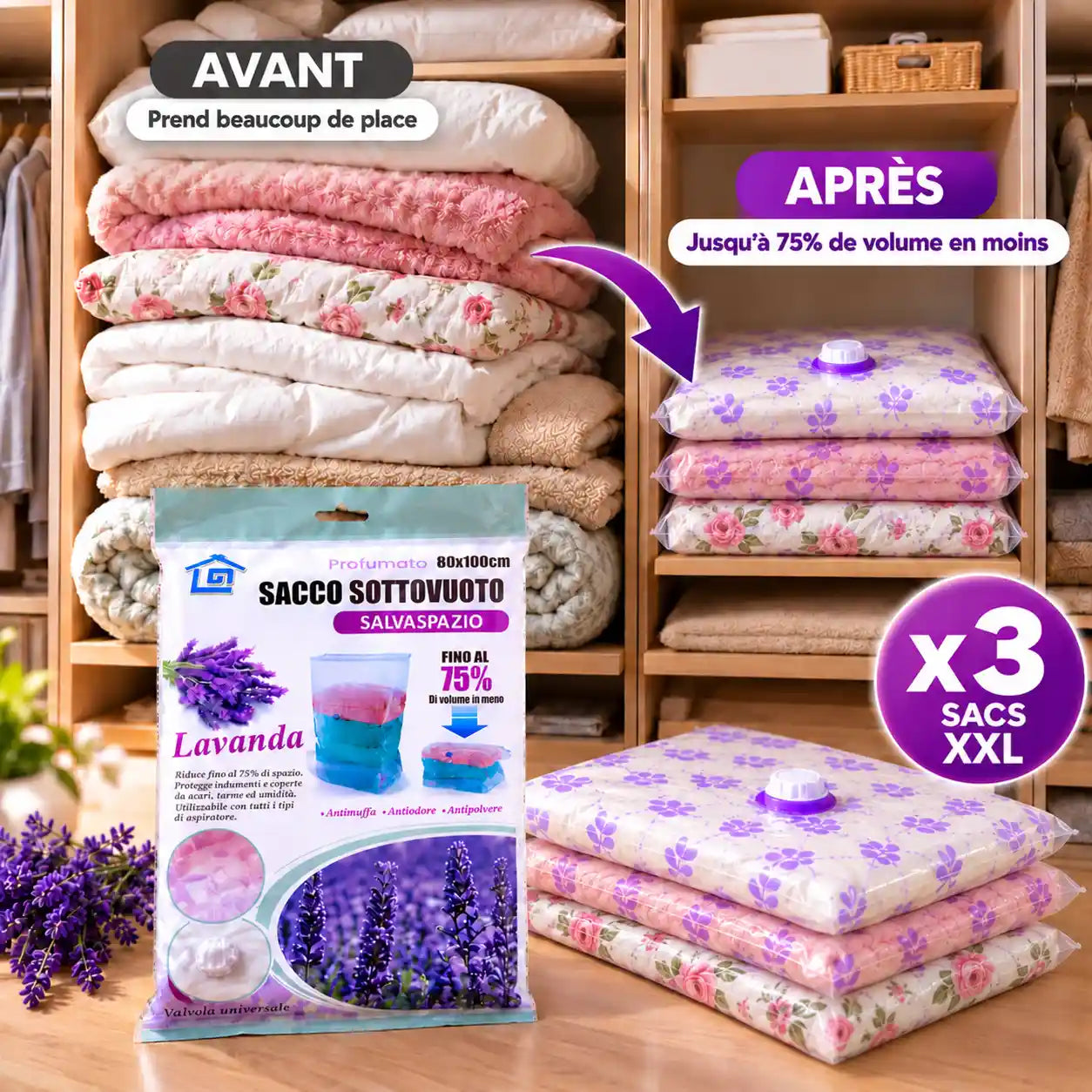 Lot de 3 sacs rangement sous vide XXL parfumés lavande