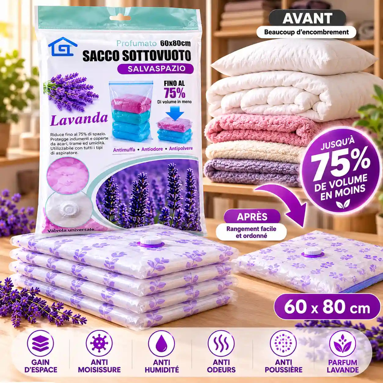 Lot de 3 sacs rangement sous vide XXL parfumés lavande