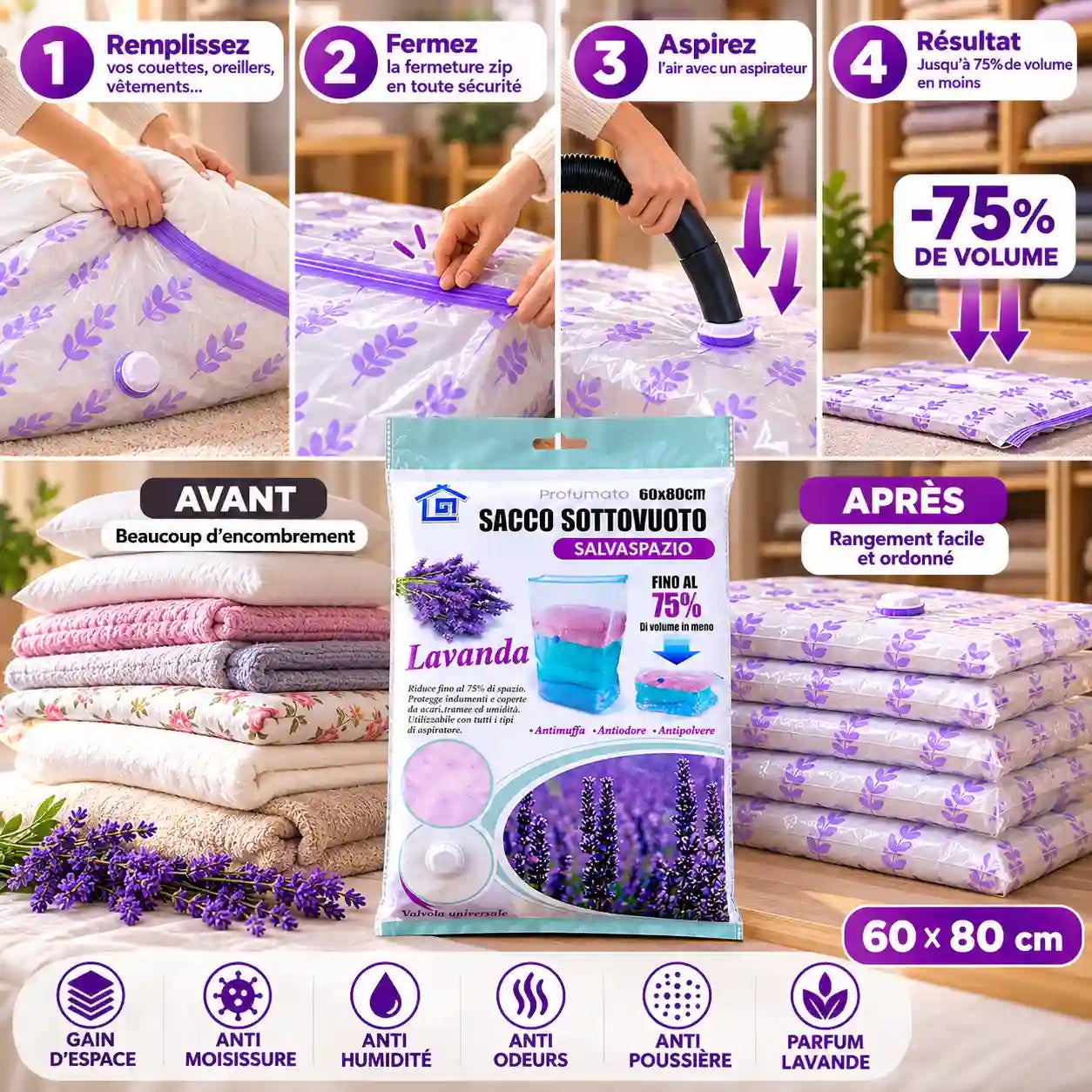 Lot de 3 sacs rangement sous vide XXL parfumés lavande